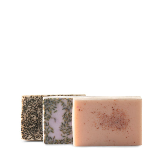 An image of the body soap bundle made with coffee, lavender and sea salt in front of a white background
