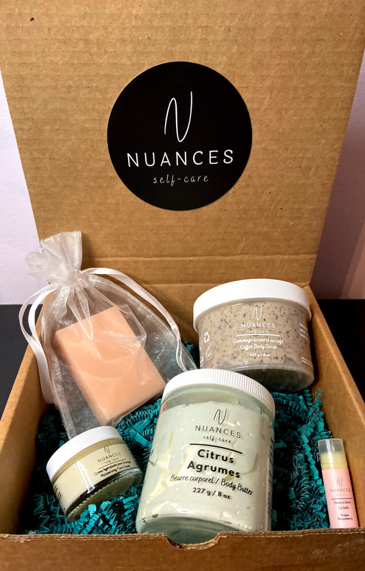 The skin care bundle in a Nuances Self-care delivery box